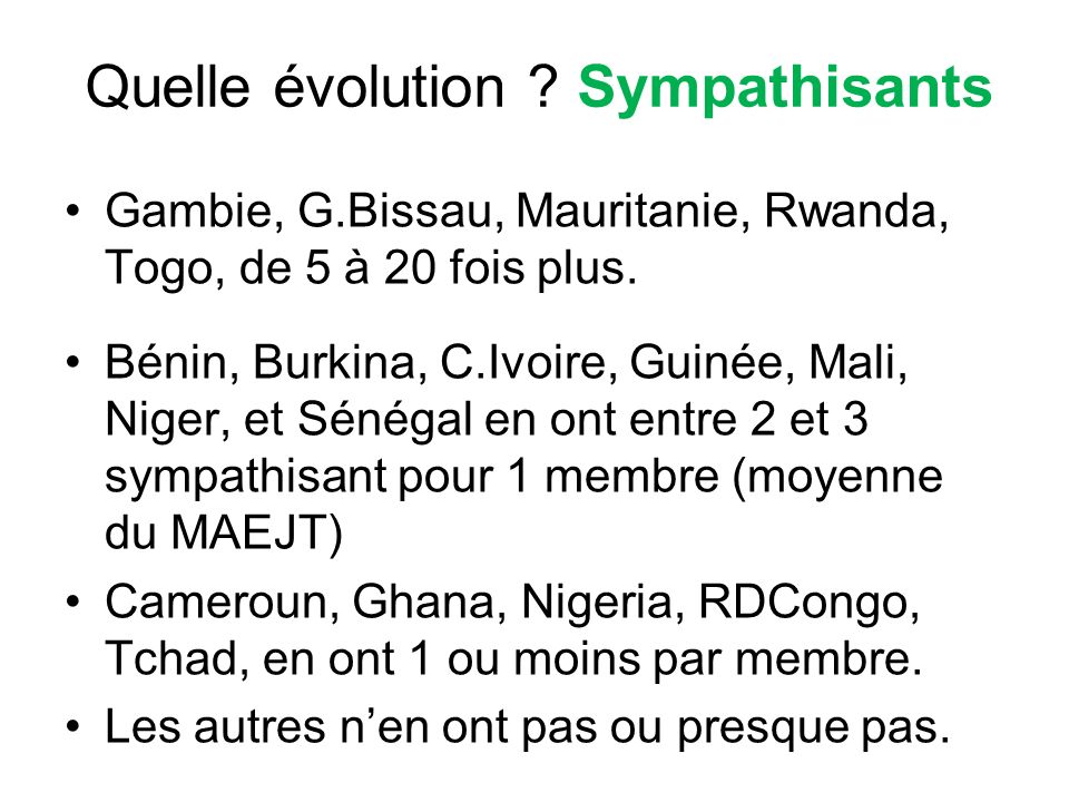 Quelle évolution . Sympathisants Gambie, G.Bissau, Mauritanie, Rwanda, Togo, de 5 à 20 fois plus.