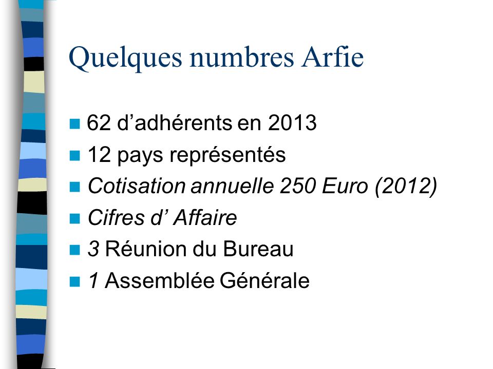 Quelques numbres Arfie 62 dadhérents en pays représentés Cotisation annuelle 250 Euro (2012) Cifres d Affaire 3 Réunion du Bureau 1 Assemblée Générale