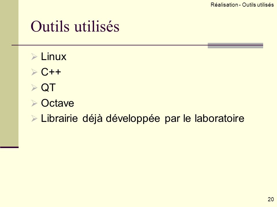 Outils utilisés Linux C++ QT Octave Librairie déjà développée par le laboratoire 20 Réalisation - Outils utilisés