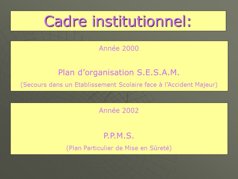 Cadre institutionnel: Année 2002 P.P.M.S.