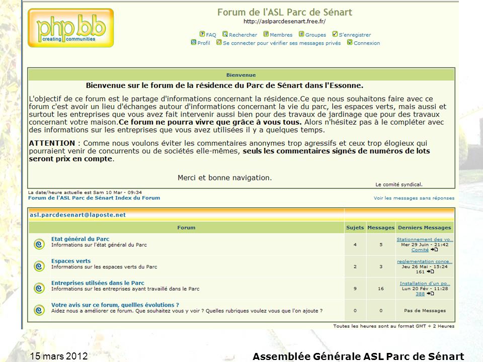 15 mars 2012 Assemblée Générale ASL Parc de Sénart