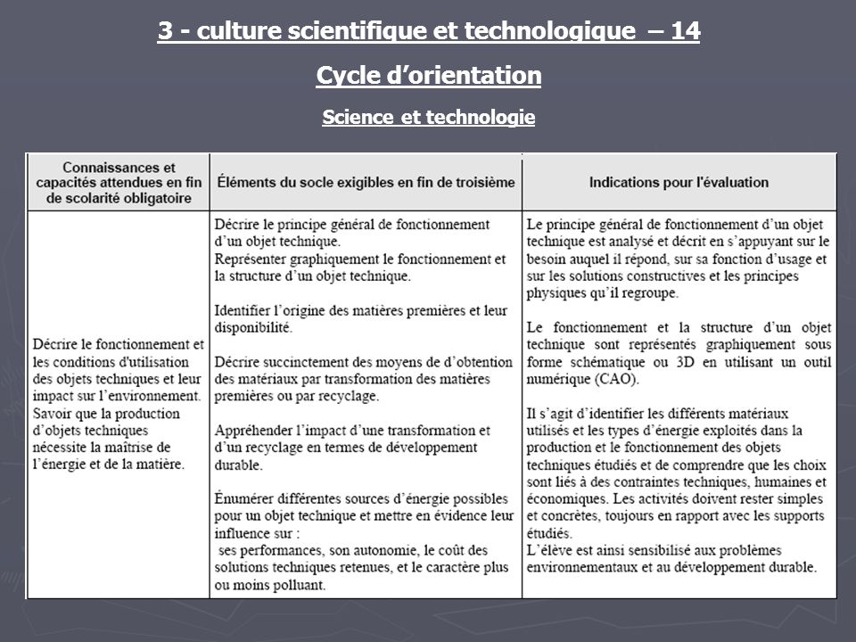 3 - culture scientifique et technologique – 14 Cycle dorientation Science et technologie