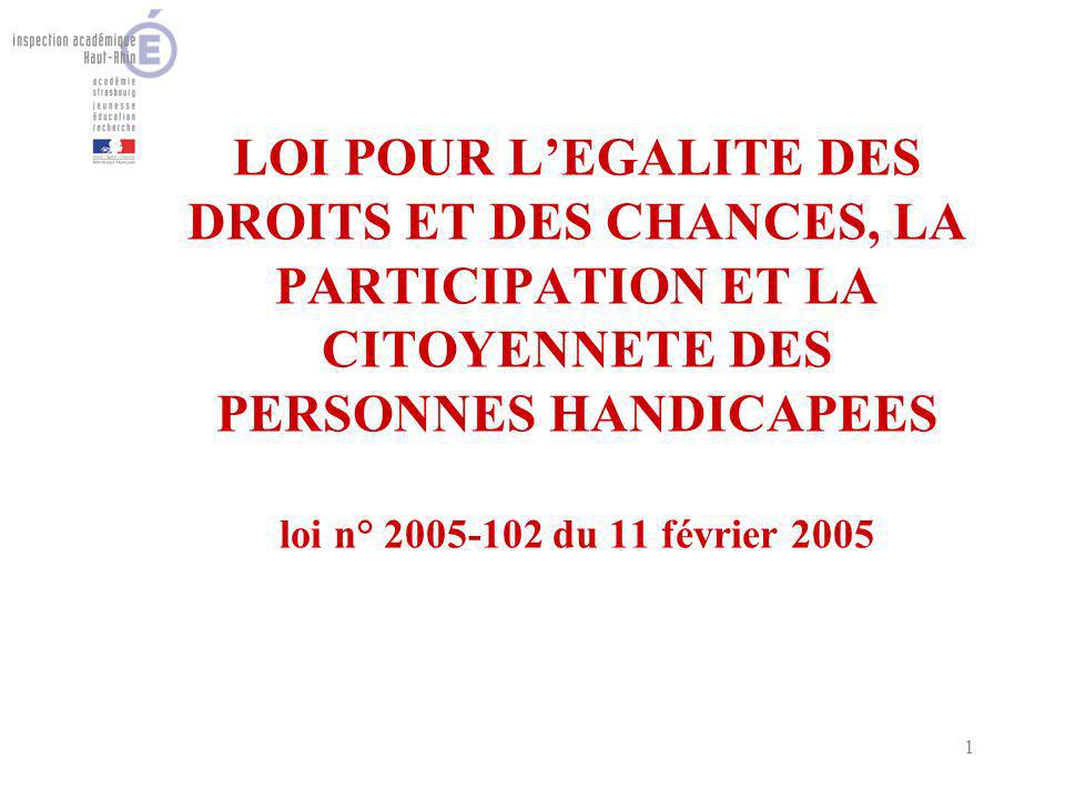 1 LOI POUR LEGALITE DES DROITS ET DES CHANCES, LA PARTICIPATION ET LA CITOYENNETE DES PERSONNES HANDICAPEES loi n° du 11 février 2005