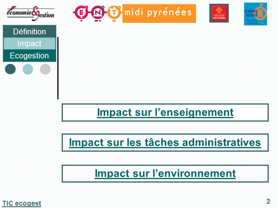 Définition Impact Ecogestion 2 TIC ecogest Impact sur lenseignement Impact sur les tâches administratives Impact sur lenvironnement
