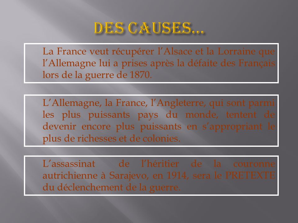La France veut récupérer lAlsace et la Lorraine que lAllemagne lui a prises après la défaite des Français lors de la guerre de 1870.