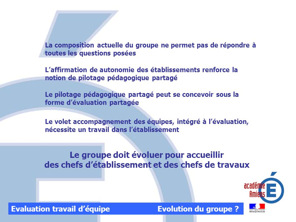 Evaluation travail déquipe Evolution du groupe .