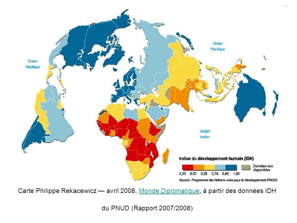 Carte Philippe Rekacewicz avril 2008, Monde Diplomatique, à partir des données IDH du PNUD (Rapport 2007/2008)Monde Diplomatique