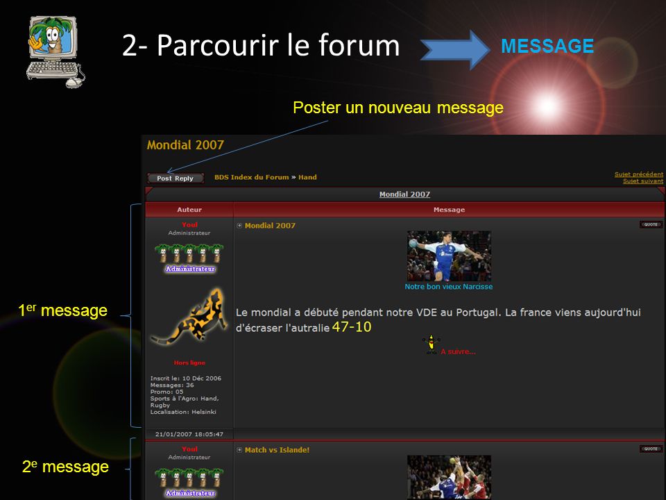2- Parcourir le forum MESSAGE Poster un nouveau message 1 er message 2 e message