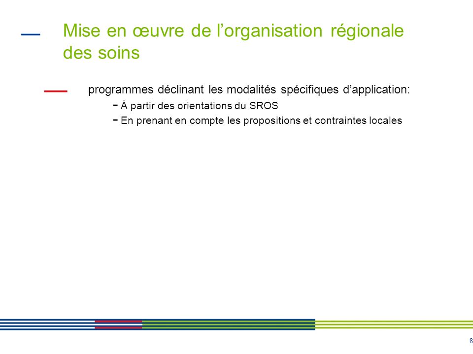 8 Mise en œuvre de lorganisation régionale des soins programmes déclinant les modalités spécifiques dapplication: - À partir des orientations du SROS - En prenant en compte les propositions et contraintes locales