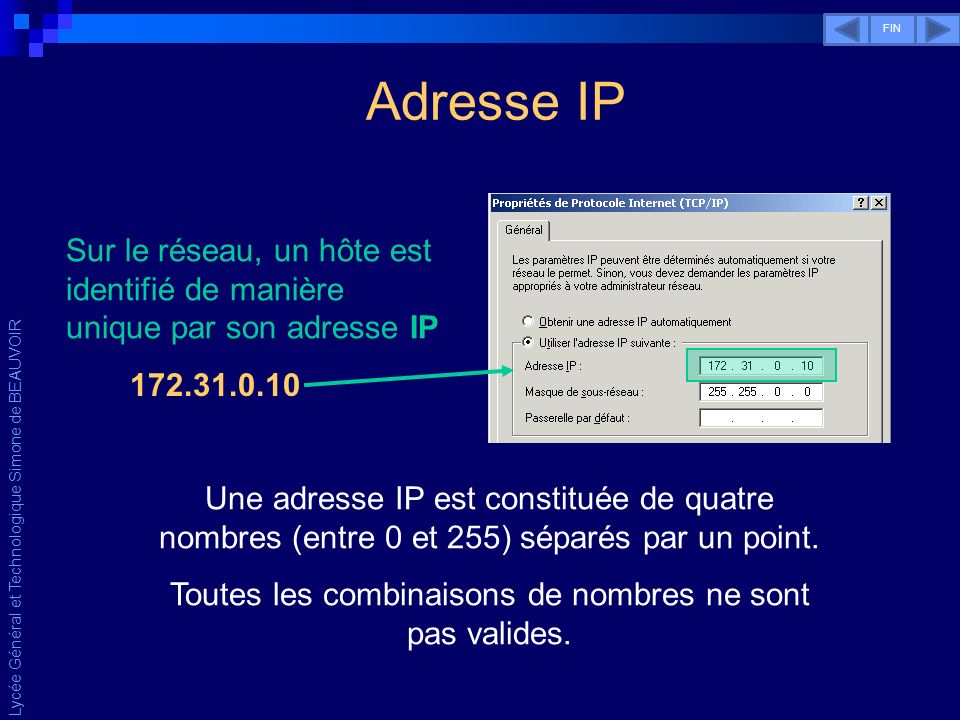 Lycée Général et Technologique Simone de BEAUVOIR Sur le réseau, un hôte est identifié de manière unique par son adresse IP Une adresse IP est constituée de quatre nombres (entre 0 et 255) séparés par un point.