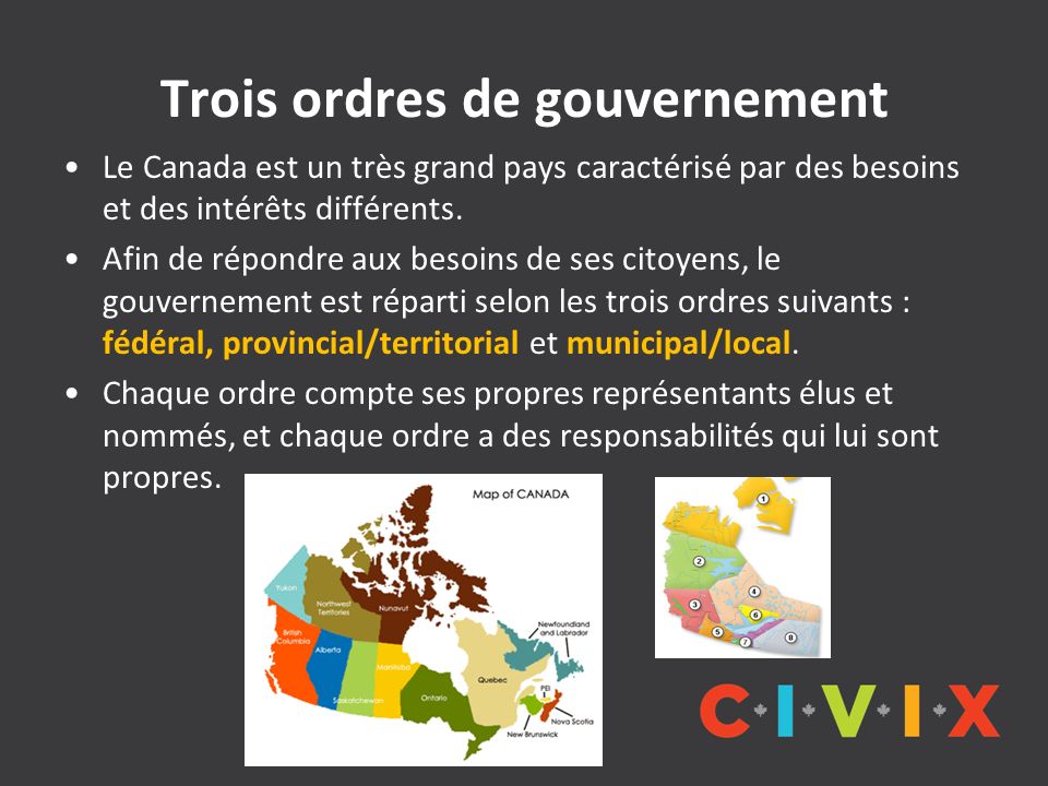 Trois ordres de gouvernement Le Canada est un très grand pays caractérisé par des besoins et des intérêts différents.