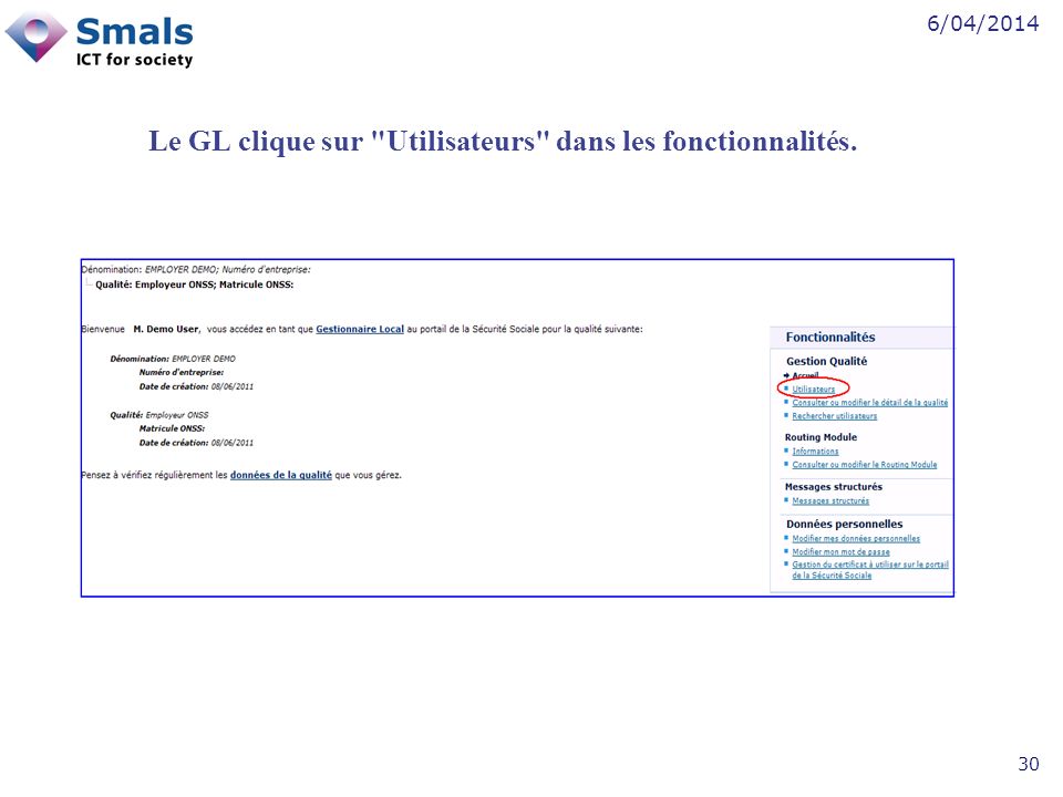 6/04/ Le GL clique sur Utilisateurs dans les fonctionnalités.