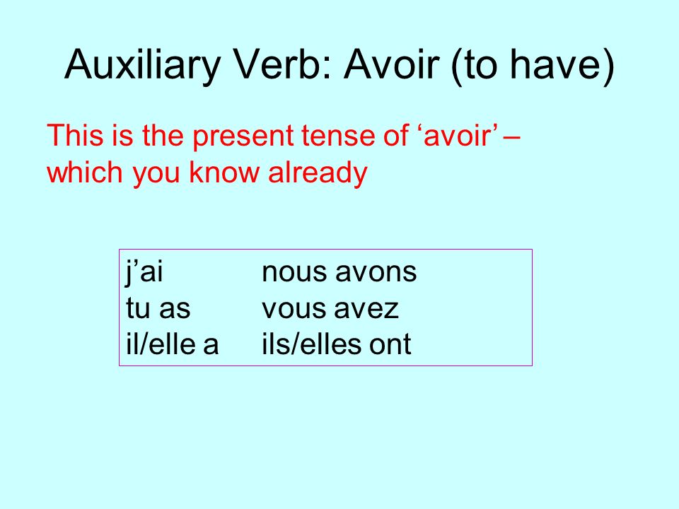 Auxiliary Verb: Avoir (to have) jainous avons tu asvous avez il/elle ails/elles ont This is the present tense of avoir – which you know already