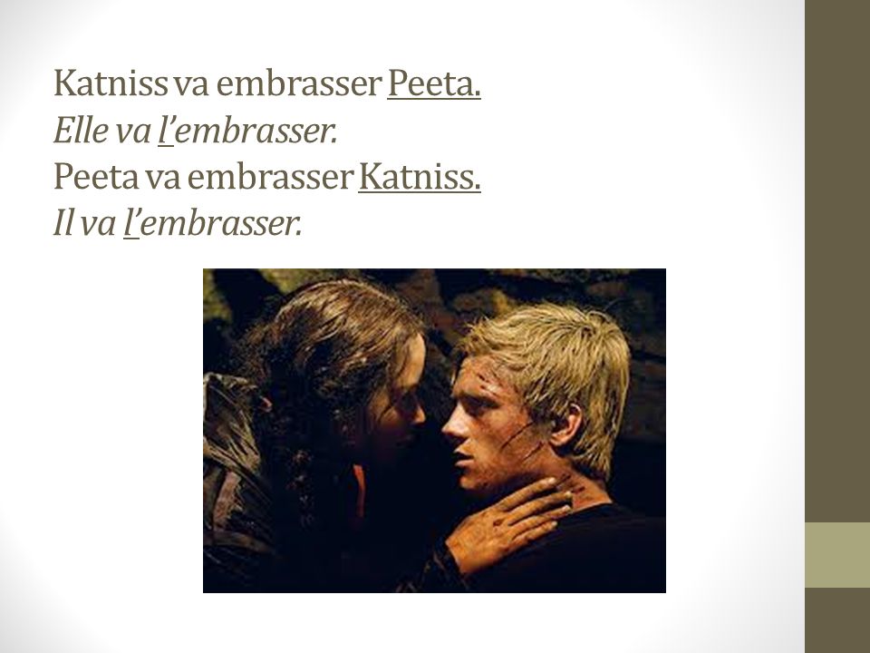 Katniss va embrasser Peeta. Elle va lembrasser. Peeta va embrasser Katniss. Il va lembrasser.