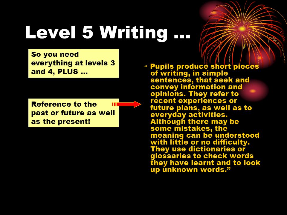 Level 5 Writing … Pupils produce short pieces of writing, in simple sentences, that seek and convey information and opinions.