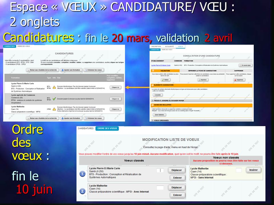 Espace « VŒUX » CANDIDATURE/ VŒU : 2 onglets Candidatures : fin le 20 mars, validation 2 avril Ordre des vœux : fin le 10 juin