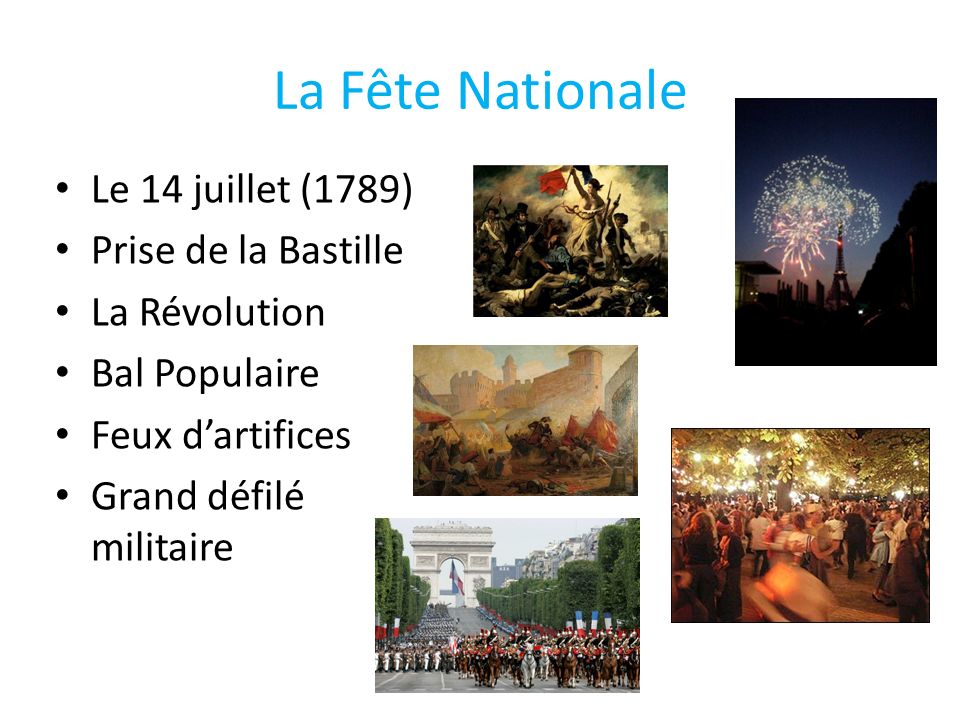 La Fête Nationale Le 14 juillet (1789) Prise de la Bastille La Révolution Bal Populaire Feux dartifices Grand défilé militaire