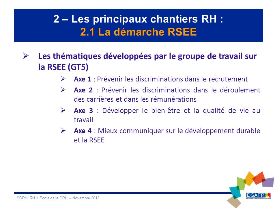 2 – Les principaux chantiers RH : 2.1 La démarche RSEE Les thématiques développées par le groupe de travail sur la RSEE (GT5) Axe 1 : Prévenir les discriminations dans le recrutement Axe 2 : Prévenir les discriminations dans le déroulement des carrières et dans les rémunérations Axe 3 : Développer le bien-être et la qualité de vie au travail Axe 4 : Mieux communiquer sur le développement durable et la RSEE SDRH/ RH1/ Ecole de la GRH – Novembre 2012