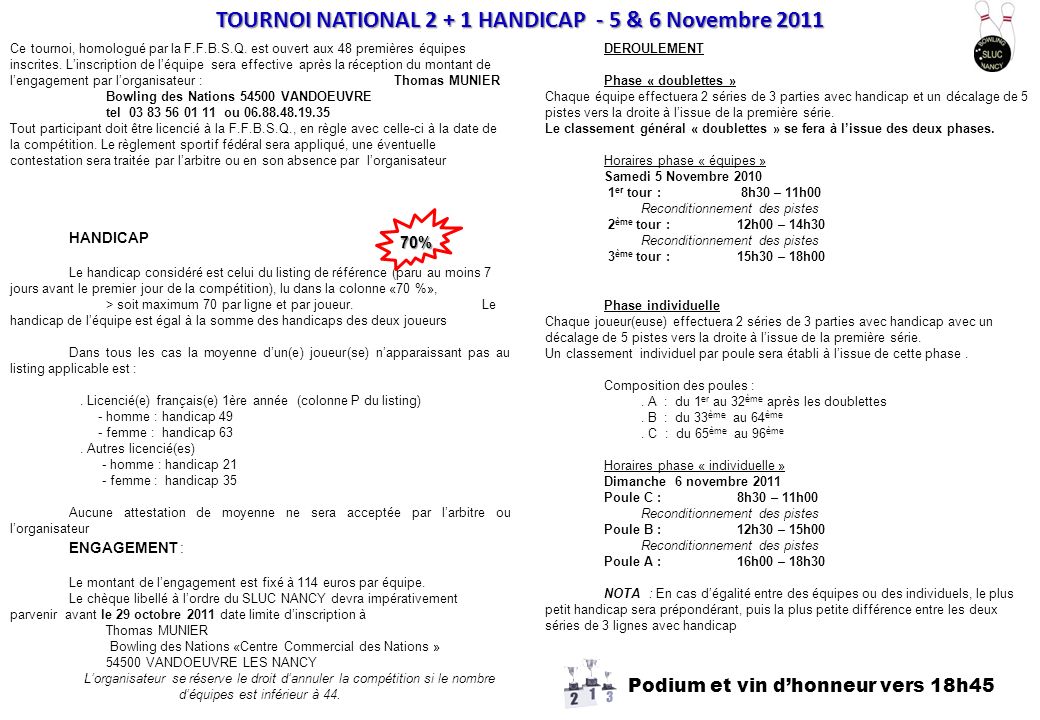 TOURNOI NATIONAL HANDICAP - 5 & 6 Novembre 2011 DEROULEMENT Phase « doublettes » Chaque équipe effectuera 2 séries de 3 parties avec handicap et un décalage de 5 pistes vers la droite à lissue de la première série.