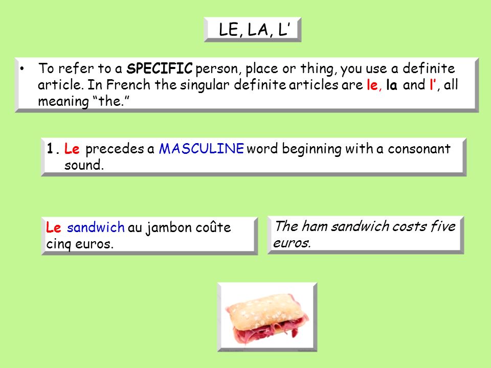 To refer to a SPECIFIC person, place or thing, you use a definite article.
