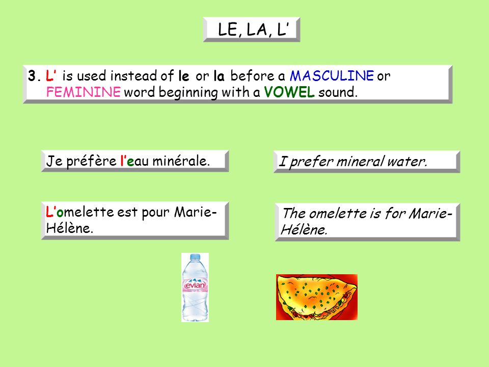 3.L is used instead of le or la before a MASCULINE or FEMININE word beginning with a VOWEL sound.