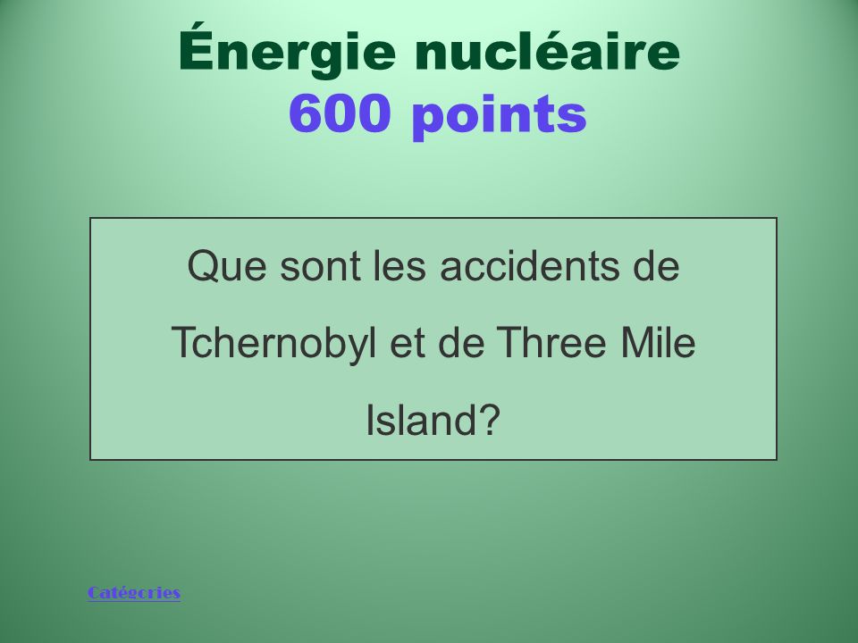 Catégories Deux événements qui ont profondément marqué lhistoire du nucléaire Énergie nucléaire 600 points