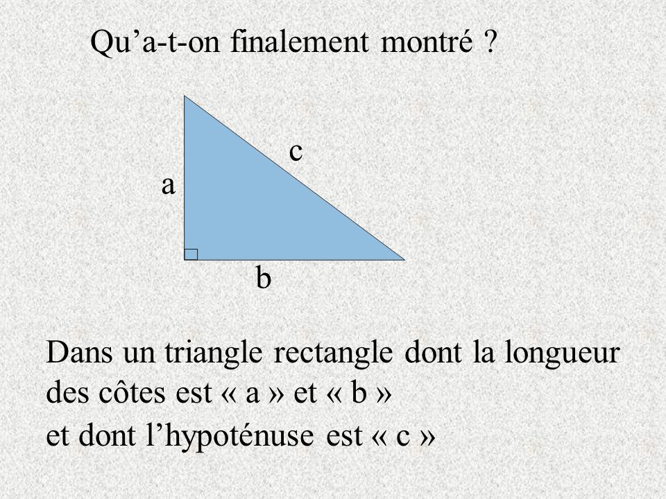 Dans un triangle rectangle dont la longueur des côtes est « a » et « b » Qua-t-on finalement montré .