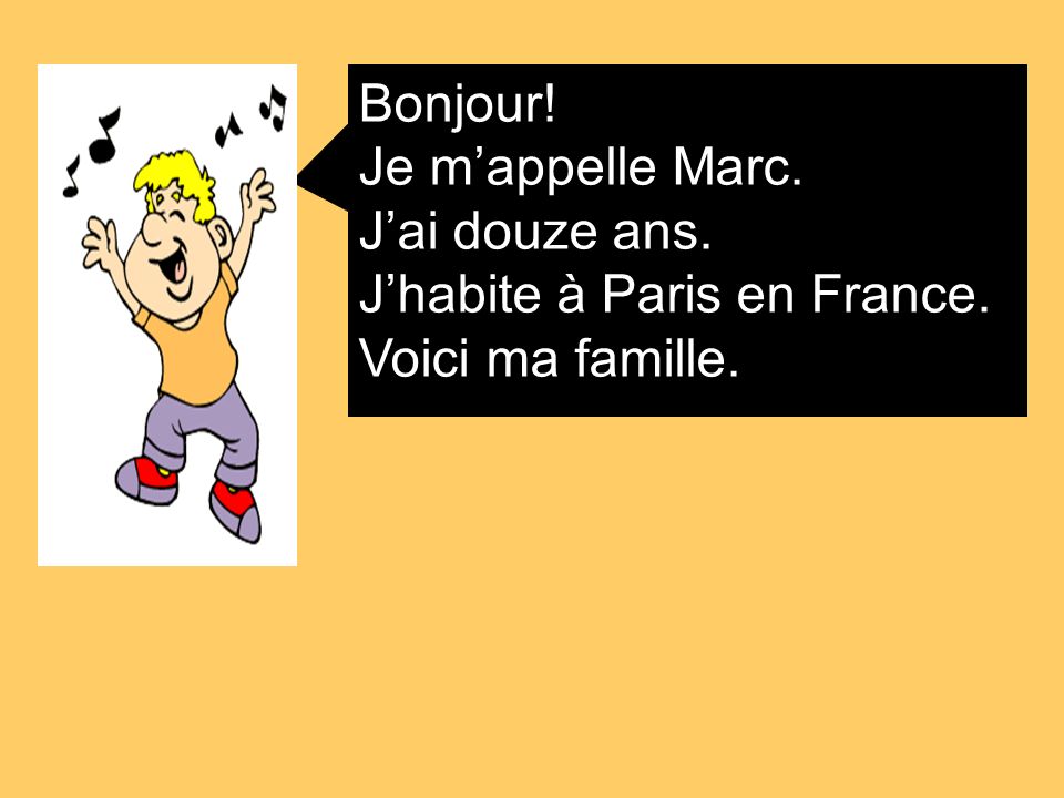 Bonjour! Je mappelle Marc. Jai douze ans. Jhabite à Paris en France. Voici ma famille.