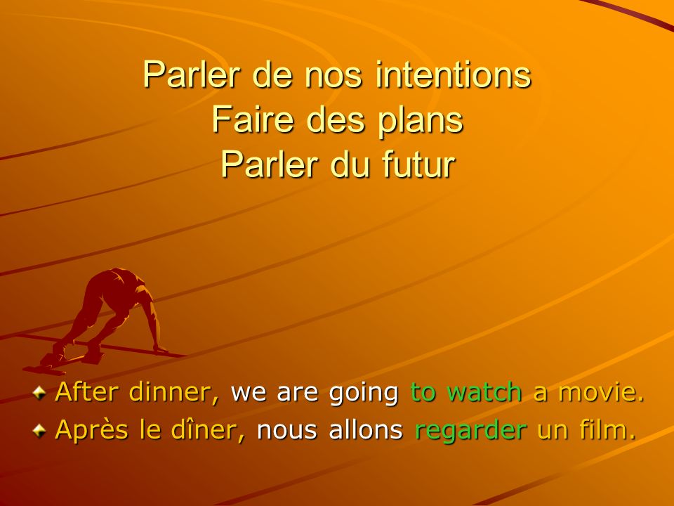 Parler de nos intentions Faire des plans Parler du futur After dinner, we are going to watch a movie.