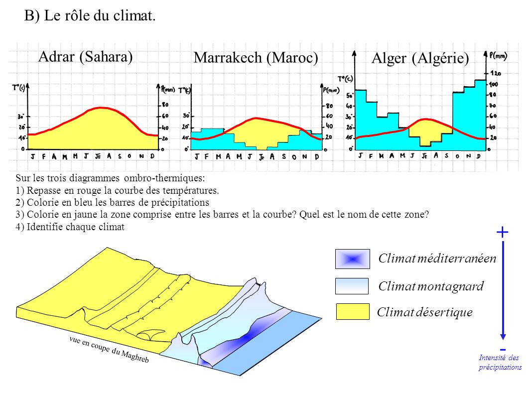Climat méditerranéen Climat montagnard Climat désertique B) Le rôle du climat.