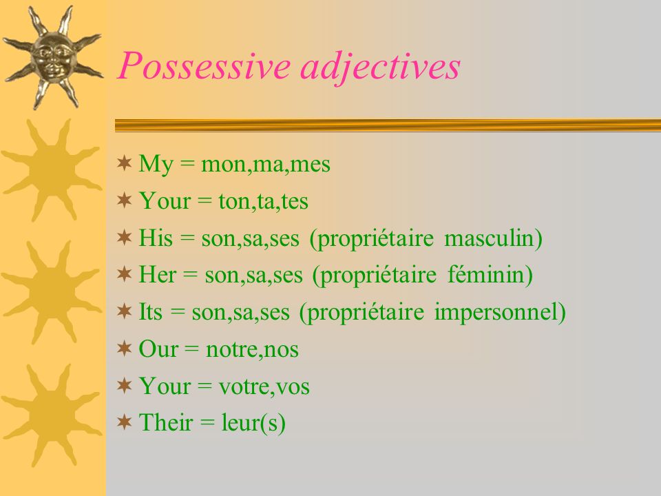 Possessive adjectives My = mon,ma,mes Your = ton,ta,tes His = son,sa,ses (propriétaire masculin) Her = son,sa,ses (propriétaire féminin) Its = son,sa,ses (propriétaire impersonnel) Our = notre,nos Your = votre,vos Their = leur(s)