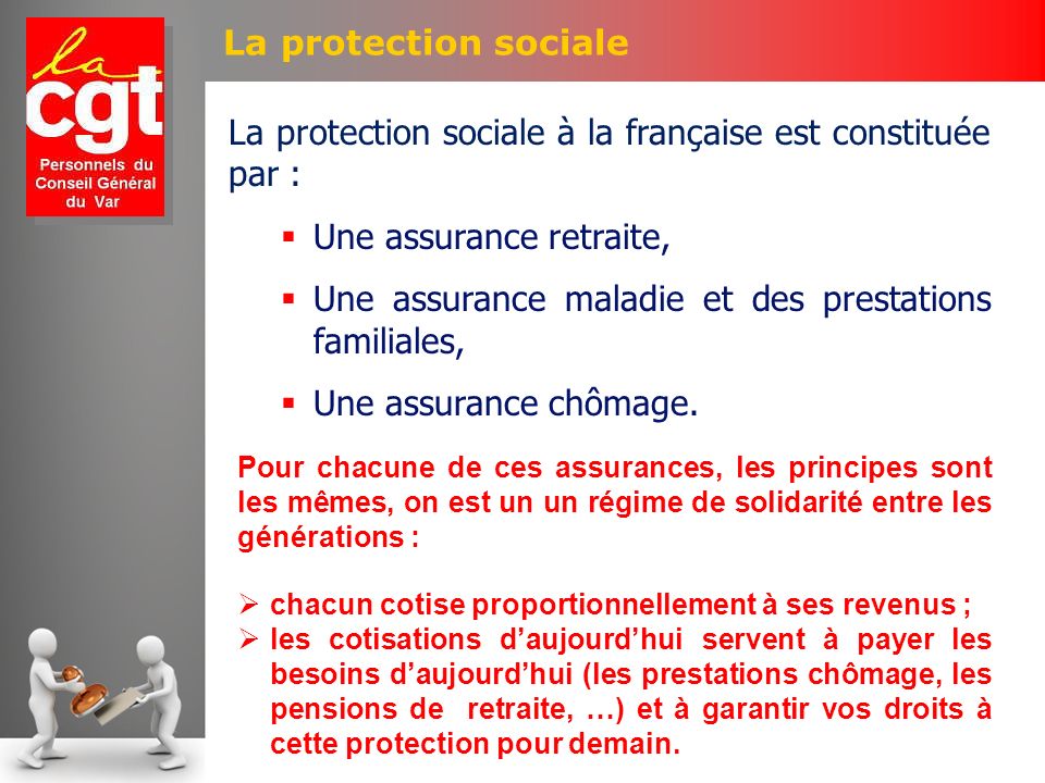 La protection sociale Une assurance retraite, Une assurance maladie et des prestations familiales, Une assurance chômage.