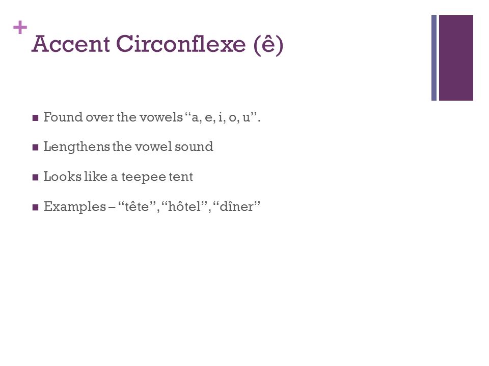 + Accent Circonflexe (ê) Found over the vowels a, e, i, o, u.