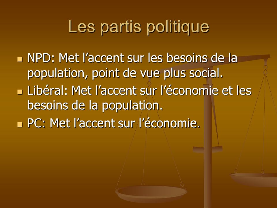 Les partis politique NPD: Met laccent sur les besoins de la population, point de vue plus social.