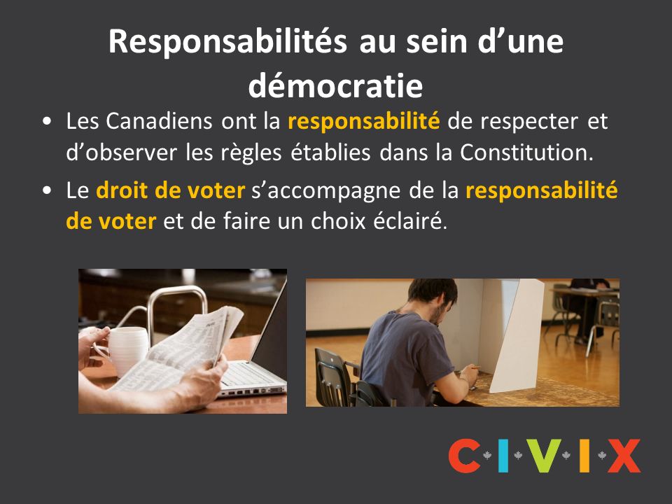 Responsabilités au sein d’une démocratie Les Canadiens ont la responsabilité de respecter et d’observer les règles établies dans la Constitution.