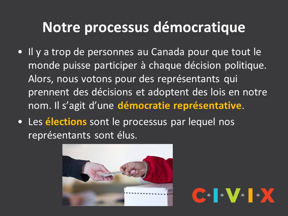 Notre processus démocratique Il y a trop de personnes au Canada pour que tout le monde puisse participer à chaque décision politique.
