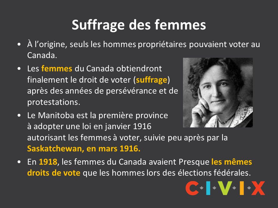 Suffrage des femmes À l’origine, seuls les hommes propriétaires pouvaient voter au Canada.