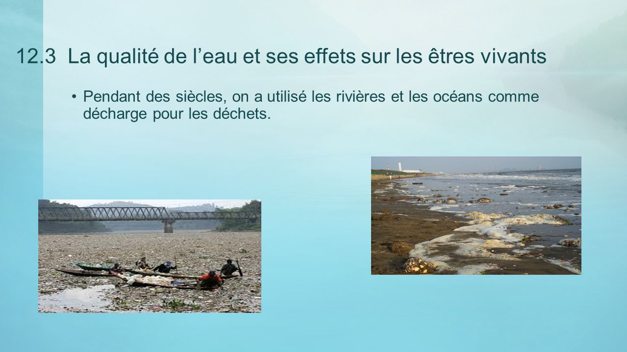 12.3 La qualité de l’eau et ses effets sur les êtres vivants Pendant des siècles, on a utilisé les rivières et les océans comme décharge pour les déchets.