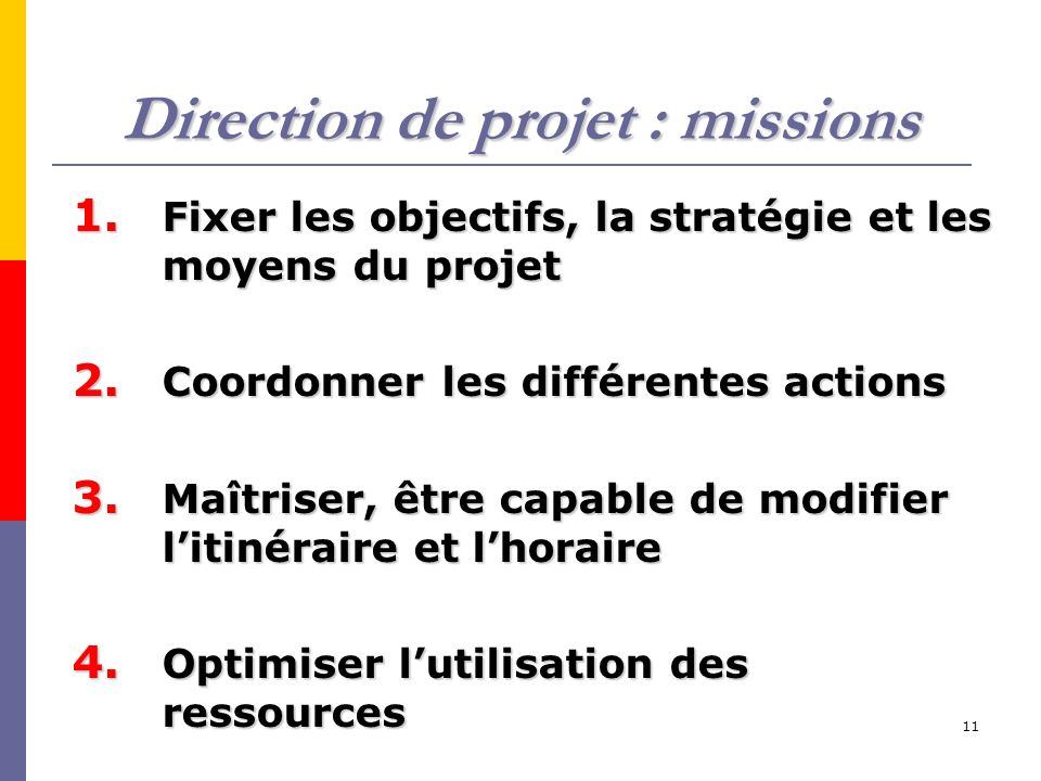 11 Direction de projet : missions 1. Fixer les objectifs, la stratégie et les moyens du projet 2.