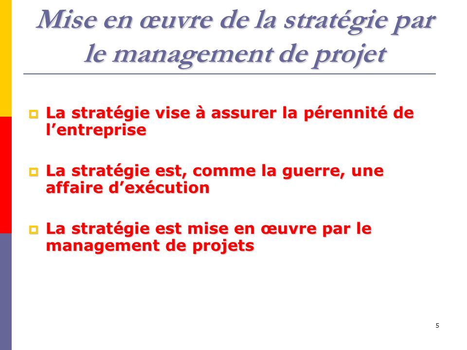5 Mise en œuvre de la stratégie par le management de projet  La stratégie vise à assurer la pérennité de l’entreprise  La stratégie est, comme la guerre, une affaire d’exécution  La stratégie est mise en œuvre par le management de projets