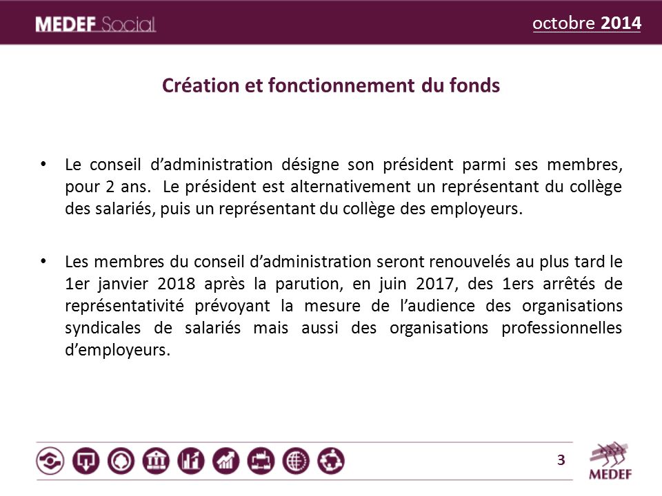octobre 2014 Création et fonctionnement du fonds Le conseil d’administration désigne son président parmi ses membres, pour 2 ans.