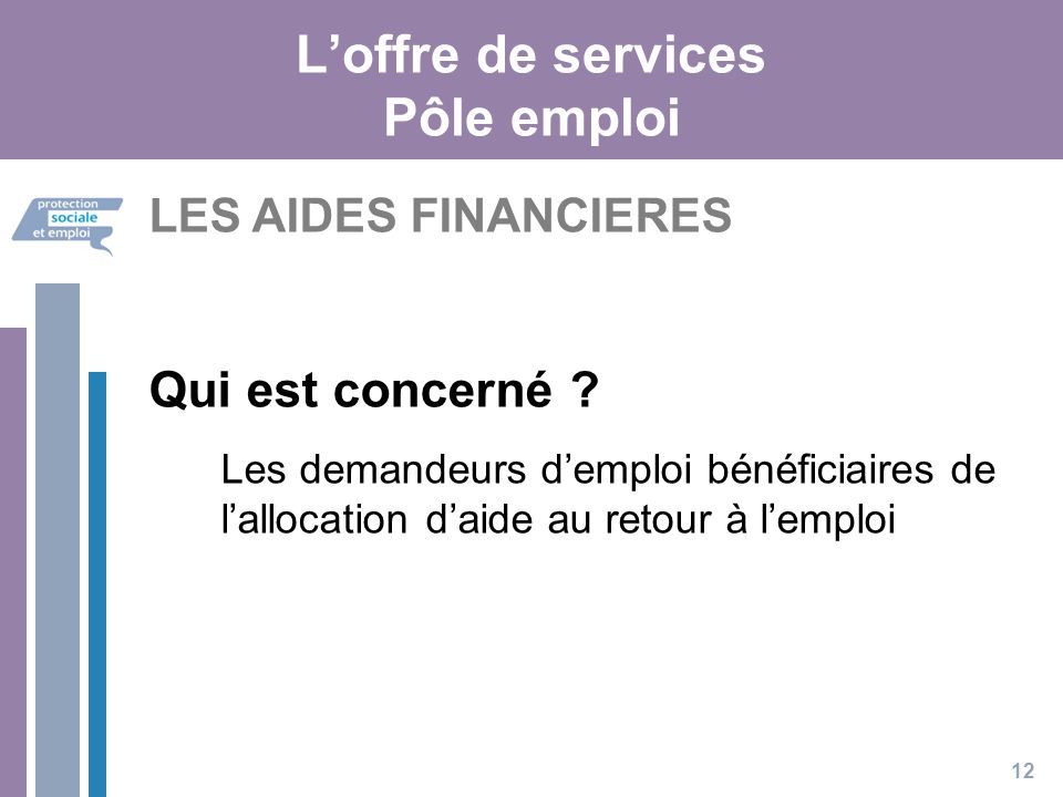 L’offre de services Pôle emploi 12 LES AIDES FINANCIERES Qui est concerné .
