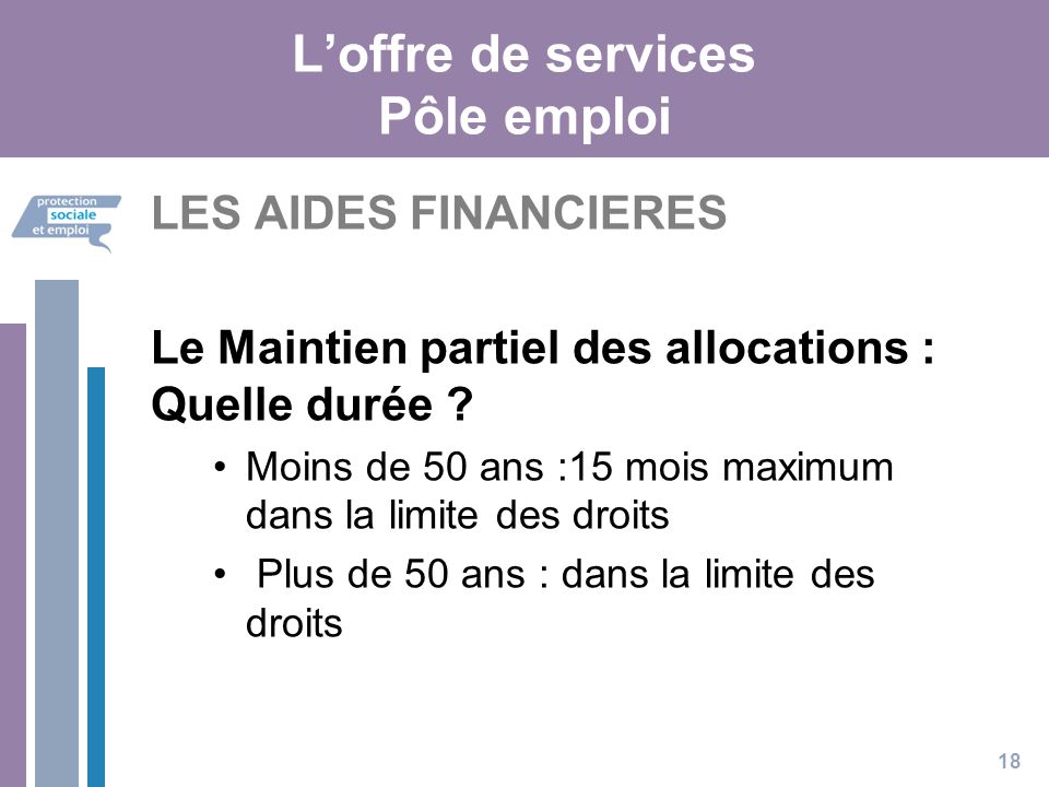L’offre de services Pôle emploi LES AIDES FINANCIERES Le Maintien partiel des allocations : Quelle durée .