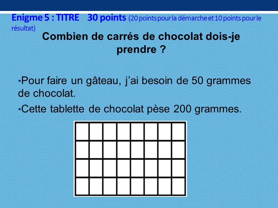 Enigme 5 : TITRE 30 points (20 points pour la démarche et 10 points pour le résultat) Combien de carrés de chocolat dois-je prendre .