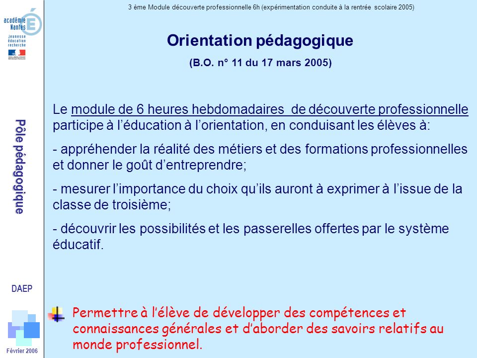 DAEP Pôle pédagogique 3 ème Module découverte professionnelle 6h (expérimentation conduite à la rentrée scolaire 2005) Orientation pédagogique (B.O.
