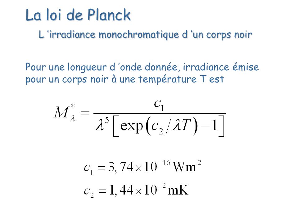 La loi de Planck L ’irradiance monochromatique d ’un corps noir Pour une longueur d ’onde donnée, irradiance émise pour un corps noir à une température T est