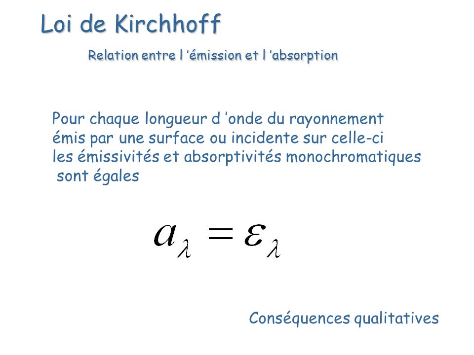 Loi de Kirchhoff Relation entre l ’émission et l ’absorption Pour chaque longueur d ’onde du rayonnement émis par une surface ou incidente sur celle-ci les émissivités et absorptivités monochromatiques sont égales Conséquences qualitatives