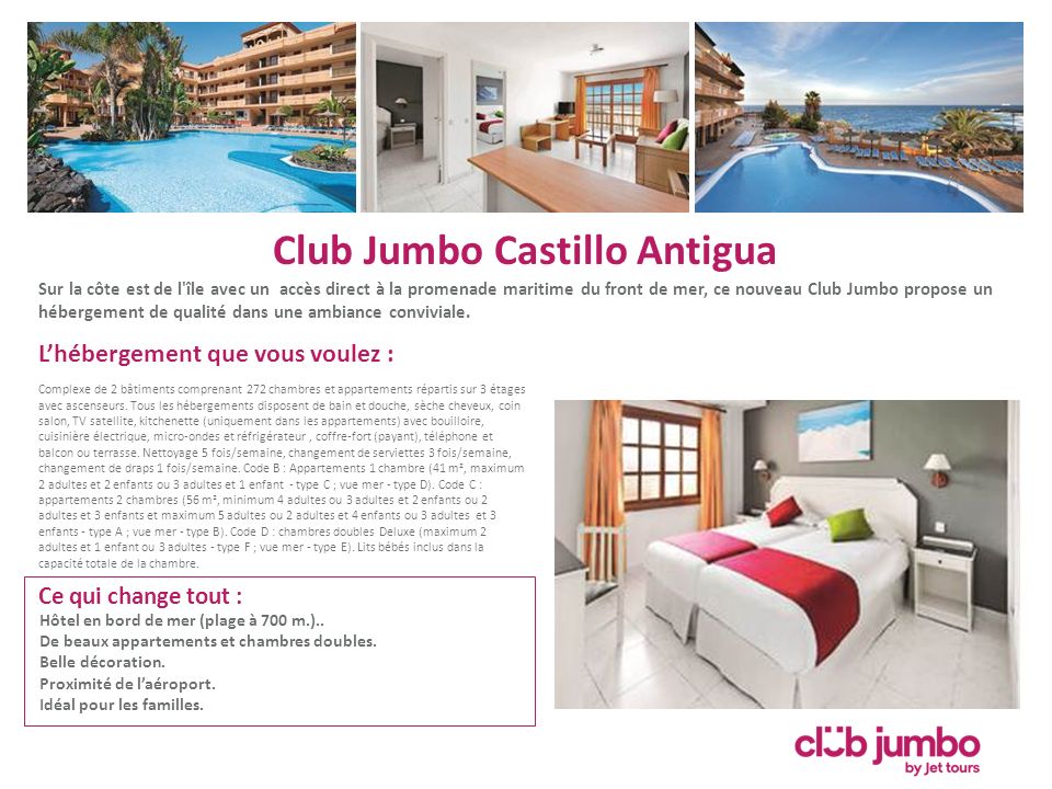 Club Jumbo Castillo Antigua Sur la côte est de l île avec un accès direct à la promenade maritime du front de mer, ce nouveau Club Jumbo propose un hébergement de qualité dans une ambiance conviviale.