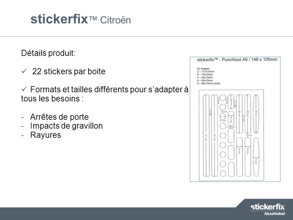 Click to edit Master title style stickerfix ™ Citroën Détails produit: 22 stickers par boite Formats et tailles différents pour s’adapter à tous les besoins : -Arrêtes de porte -Impacts de gravillon -Rayures