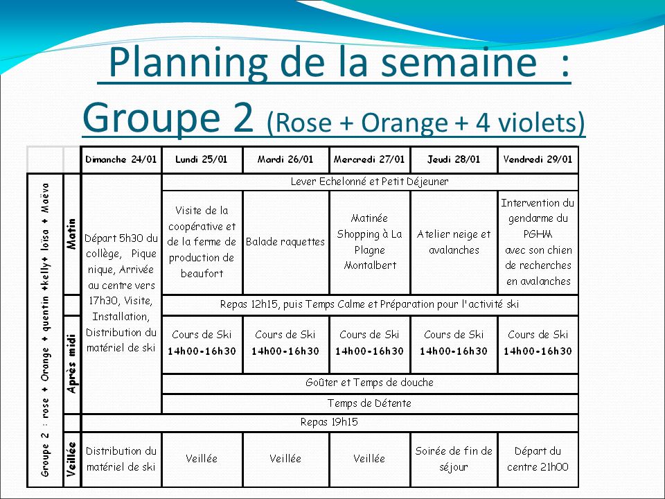 Planning de la semaine : Groupe 2 (Rose + Orange + 4 violets)